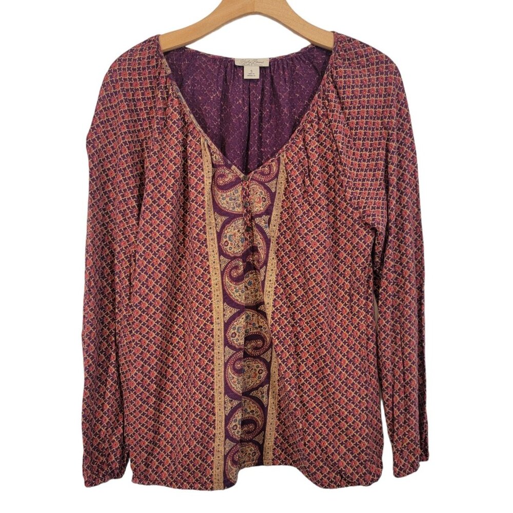 Lucky Brand Blouse Brick Red Paisley Print Boho V-Neck Peasant Size Small EUC